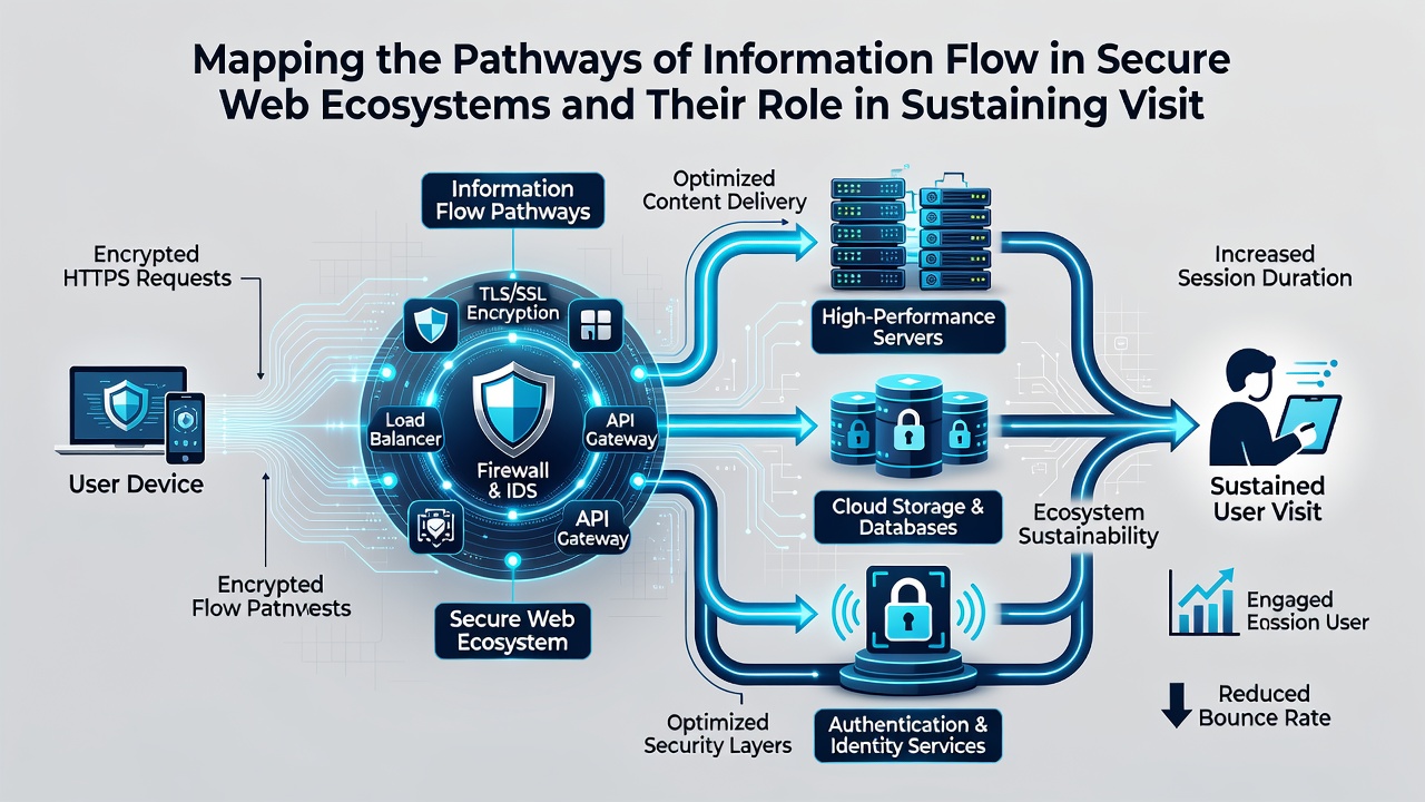 Flowchart of encrypted information routes connecting content delivery networks to end-user browsers with engagement statistics overlaid